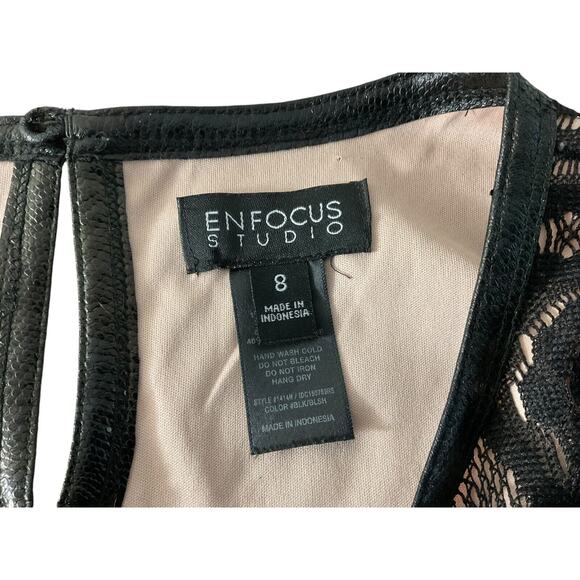 Enfocus Studio Black Lace Size 8 Nude Lined Dress A Line Faux Leather Trim - Picture 7 of 11
